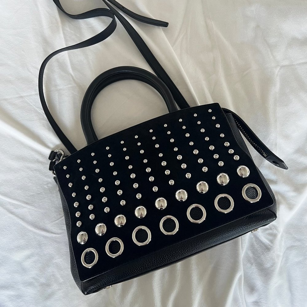 Alexander Wang Marion Attica Black Suede Silver Studded Flap Tote Satchel